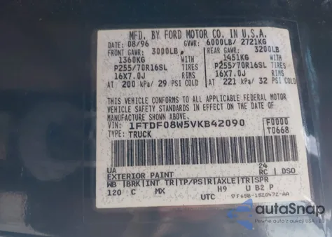 1997 Ford F-150 Lariat/Xl/Xlt из США, поврежденный, VIN 1FTDF08W5VKB42090